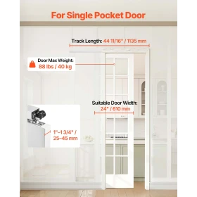 Sliding Pocket Door Hardware Track Kit, 1135 mm Pocket Door Track Kit with Soft Close Mechanism for Smooth and Quiet Sliding, Ea