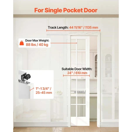 Sliding Pocket Door Hardware Track Kit, 1135 mm Pocket Door