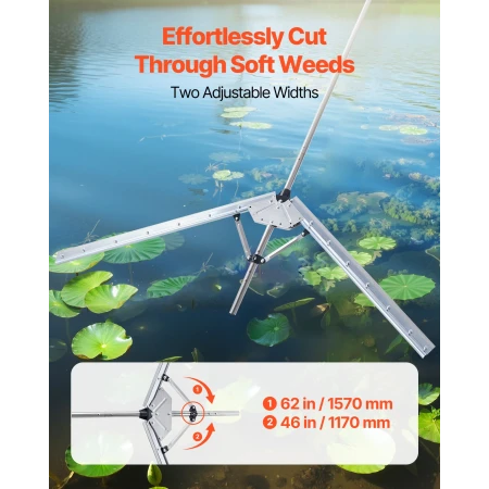 Lake Weed Cutter, Pond Aquatic Plant Cutting Tool with 1.57 m Max. Cut Width, Sharp and Heavy-Duty Steel Blades, Pond Rake with 