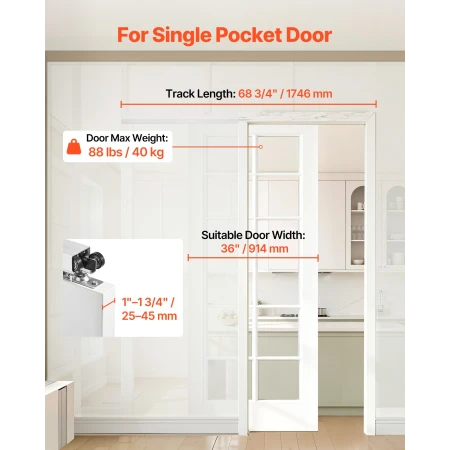 Sliding Pocket Door Hardware Track Kit, 1746 mm Pocket Door