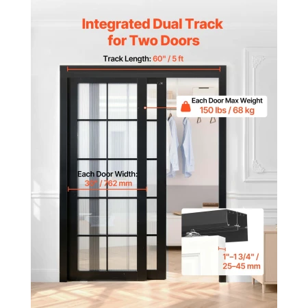 Bypass Sliding Door Hardware Kit, 1524 mm Aluminum Alloy Dual-Track Bypass Door Hardware, Smooth and Quiet Sliding, Easy to Inst