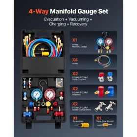 AC Manifold Gauge Set for R134a R404A R1234yf R22 Refrigerant, 4 Way AC Gauge with 1.5m Hoses, Adapters, Quick Couplers, Can Tap