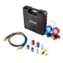 AC Manifold Gauge Set for R134a R404A R1234yf R22 Refrigerant, 4 Way AC Gauge with 1.5m Hoses, Adapters, Quick Couplers, Can Tap