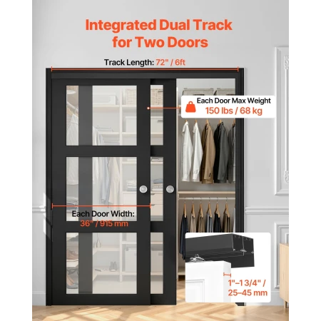Bypass Sliding Door Hardware Kit, 1829 mm Aluminum Alloy Dual-Track Bypass Door Hardware, Smooth and Quiet Sliding, Easy to Inst