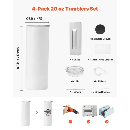 Sublimation Tumblers, 4 Pack, 591 mL Skinny Straight Tumblers Bulk, Stainless Steel Sublimation Cups with Lids and Straws, Doubl
