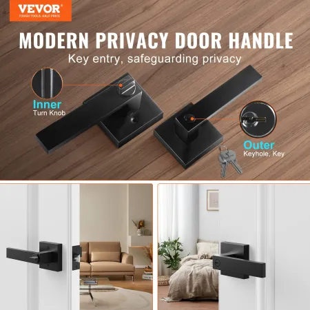 Entry Lever Door Handle, 2 PCS Black Entry Knob, Lock and Key Locking Lever Set, Contemporary Square Door Lever, Reversible for 