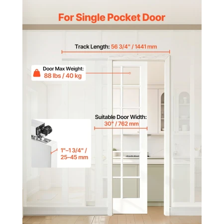 Sliding Pocket Door Hardware Track Kit, 1441 mm Pocket Door Track Kit with Soft Close Mechanism for Smooth and Quiet Sliding, Ea