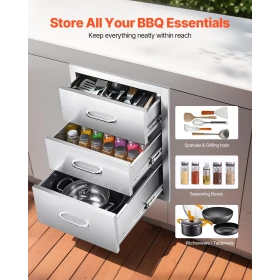 Outdoor Kitchen Drawers 18.11" W x 23.23" D x 23.23" H, Triple-Access Stainless Steel Modular Drawer Cabinet with Handles, BBQ I