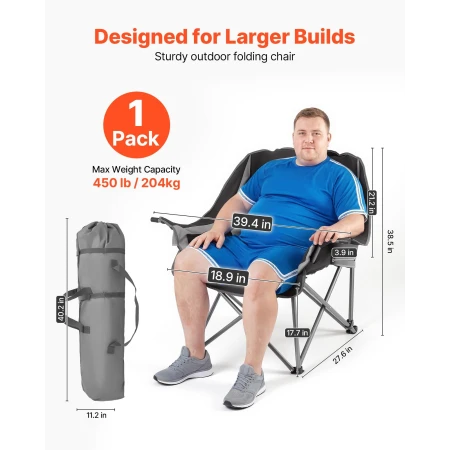 Oversized Camping Chairs, 204 kg Heavy Duty Support, Portable Padded Folding Camp Chairs with Dual Cup Holders & Wine Glass Hold