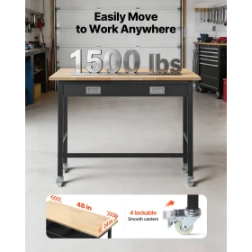 1220 mm Workbench, 680 kg Load Capacity, Garage Workbench with Drawer Storage & Wheels, Workshop Bench on Wheels, Heavy Duty Oak