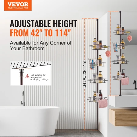 Shower Corner Caddy Tension Pole, 42" to 114" High, Multi-Functional Shower Tension Pole with Strong Load-Bearing Tray, Rust-Pro