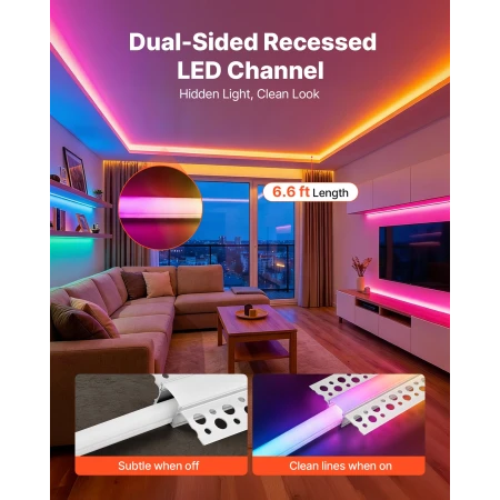 Plaster-in LED aluminiumskanal, 10-pak 6,6 ft/2M, trimløs
