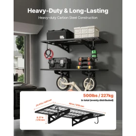 2-Tier Heavy Duty Wall Garage Shelving, 610 x 1219 mm Steel Wall Mounted Shelving Unit with Hooks, 610 x 1219 mm Per Shelf Float