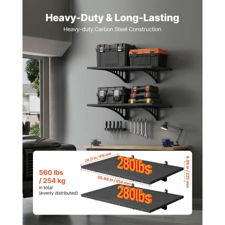 2-Tier Heavy Duty Wall Garage Shelving, 610 x 914 mm Steel Wall Mounted Shelving Unit with Hooks, 610 x 914 mm Per Shelf Floatin