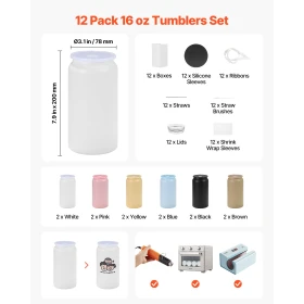 Sublimation Tumblers, 12 Pack, 473 mL Multicolored Tumblers Bulk, Stainless Steel Sublimation Cups with Lids and Straws, Double 