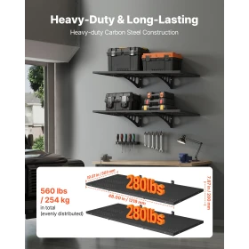 2-Tier Heavy Duty Wall Garage Shelving, 50 x 122 cm Steel Wall Mounted Shelving Unit, 500 x 1219 mm Per Shelf Floating Storage M