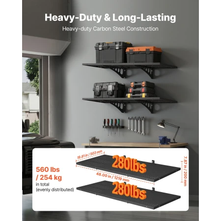 2-lags Heavy Duty væggaragereol, 50 x 122 cm stålvægmonteret