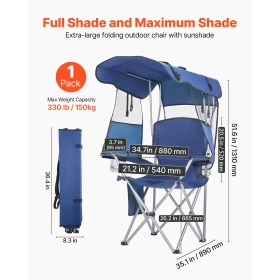 Camping Chair with Canopy Shade, Folding Beach Chair with Canopy & Magazine Pocket, 2 Cup Holders, 150 kg Heavy Duty Support, Ca