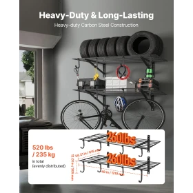 2-Tier Heavy Duty Wall Garage Shelving, 61 x 122 cm Steel Wall Mounted Shelving Unit with Hooks, 610 x 1219 mm Per Shelf Floatin