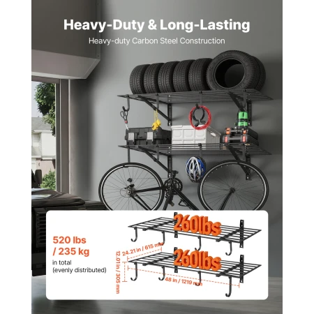 2-Tier Heavy Duty Wall Garage Shelving, 61 x 122 cm Steel Wall Mounted Shelving Unit with Hooks, 610 x 1219 mm Per Shelf Floatin