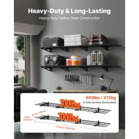 2-Tier Heavy Duty Wall Garage Shelving, 4 Pack 305 x 914 mm Steel Wall Mounted Shelving Unit, 305 x 1828 mm Per Shelf Floating S