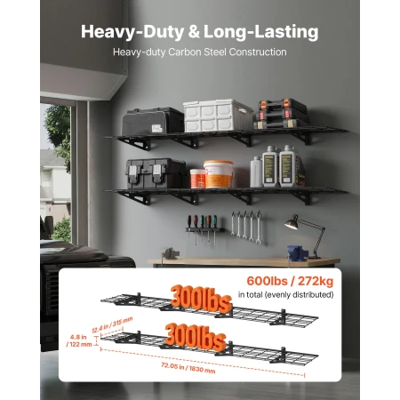 2-Tier Heavy Duty Wall Garage Shelving, 4 Pack 305 x 914 mm Steel Wall Mounted Shelving Unit, 305 x 1828 mm Per Shelf Floating S