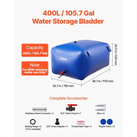 Water Storage Bladder 400L Large Capacity Water Bag, Portable & Collapsible Soft Waters Container, Leakproof & Tear-Resistant PV