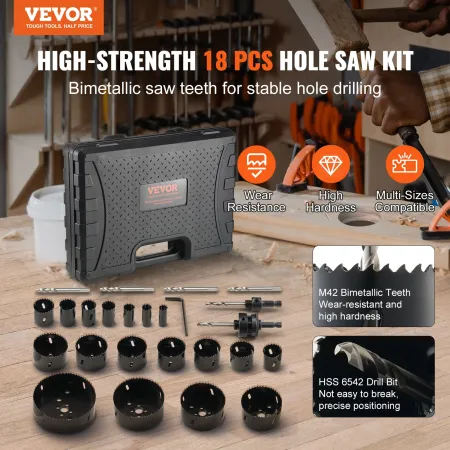 Hole Saw Kit, 18 PCS Saw Blades, 6 Drill Bits, 1 Hex Wrench, Bi Metal M42 Hole Saw Set with Carrying Case, General Purpose Size 