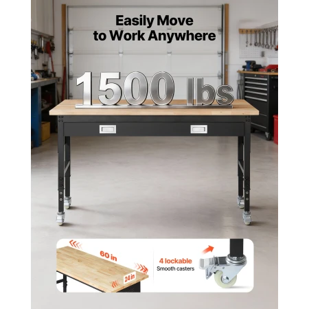 1524 mm Adjustable Workbench, 680 kg Load Capacity, Garage Workbench with Drawer, Power Outlet, Wheels, and Pegboard, Heavy Duty