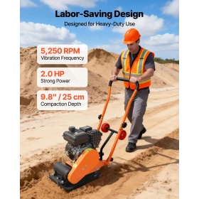 Plate Compactor, 2 HP 79CC Gas Engine, 5250 VPM Vibrating