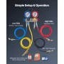 AC Manifold Gauge Set for R22 R404A R410A R12 Refrigerants, 4 Way AC Gauges with 1.5 m Hoses for Automotive & Household Air Cond