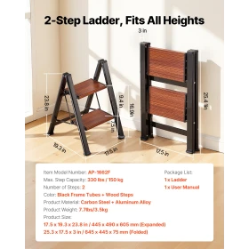 2 Step Ladder, Folding Step Stool with Wide Anti-Slip Pedal and Comfort Handgrip, Lightweight 150 kg Capacity Portable Aluminum 