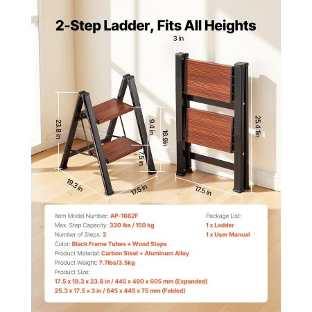 2 Step Ladder, Folding Step Stool with Wide Anti-Slip Pedal and Comfort Handgrip, Lightweight 150 kg Capacity Portable Aluminum 