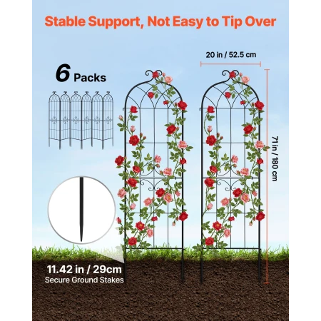 Garden Trellis, 180 x 52.5 cm Rose Trellis, 6 Packs Garden Flower Rose Trellises with Powder-Coated Finish & Convenient Locking 