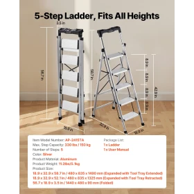 5 Step Ladder, Folding Step Stool with Wide Anti-Slip Pedal and Comfort Handgrip, 150 kg Capacity Portable Aluminum Stepladder, 