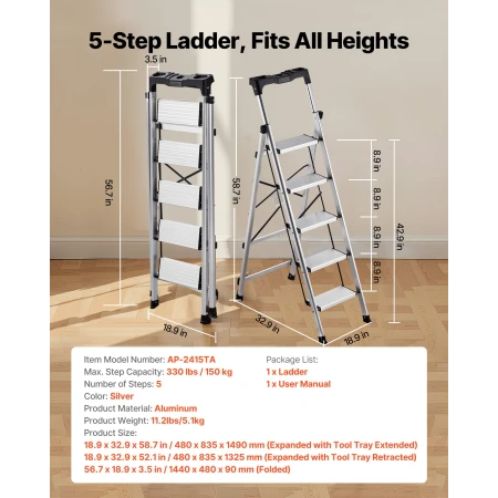 5 Step Ladder, Folding Step Stool with Wide Anti-Slip Pedal and Comfort Handgrip, 150 kg Capacity Portable Aluminum Stepladder, 