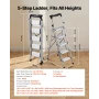 5 Step Ladder, Folding Step Stool with Wide Anti-Slip Pedal and Comfort Handgrip, 150 kg Capacity Portable Aluminum Stepladder, 