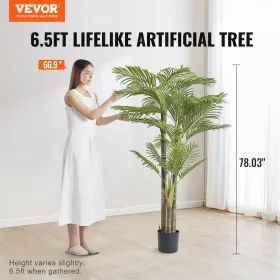 Kunstig guldpalme, 2 m høj kunstig plante, PE-materiale og vippebeskyttelse, vedligeholdelsesvenlig plante, naturtro