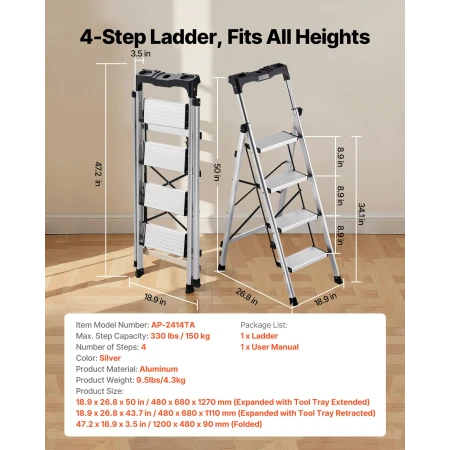 4 Step Ladder, Folding Step Stool with Wide Anti-Slip Pedal and