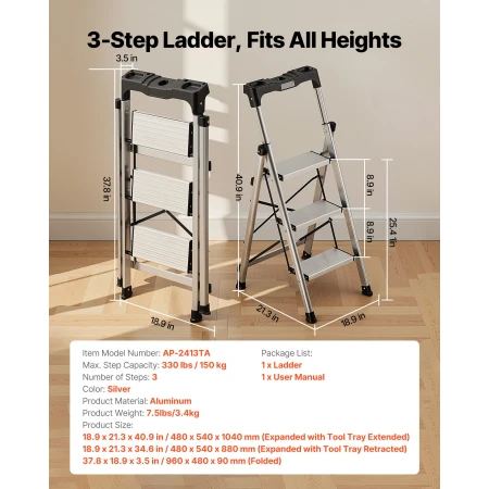3 Step Ladder, Folding Step Stool with Wide Anti-Slip Pedal and Comfort Handgrip, 150 kg Capacity Portable Aluminum Stepladder, 