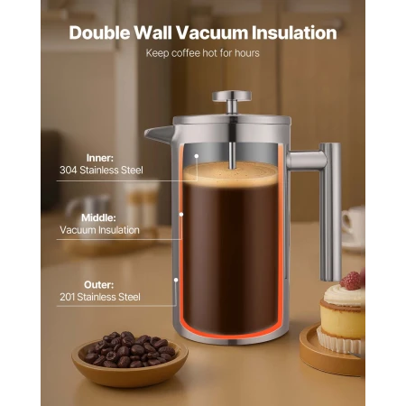 French Press Coffee Maker, 1 Liter Stainless Steel Coffee Press