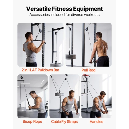 Pulley System, 2 PCS LAT and Lift Pulley System, Gym Rack Pulleys Attachment with two Steel Cables, Short Bar, Dual Grip Handles