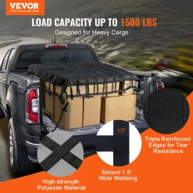 Cargo Net, 96 in x 81 in, Heavy Duty Truck Cargo Net for Truck Bed, 4 Adjustable Straps with Carabiners & S-Hooks, Wear-resistan