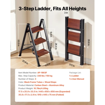 3 Step Ladder, Folding Step Stool with Wide Anti-Slip Pedal and