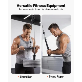 Pulley System, 1 PC LAT and Lift Pulley System, Gym Rack Pulleys Attachment with two Steel Cables, Short Bar, Dual Grip Handles,