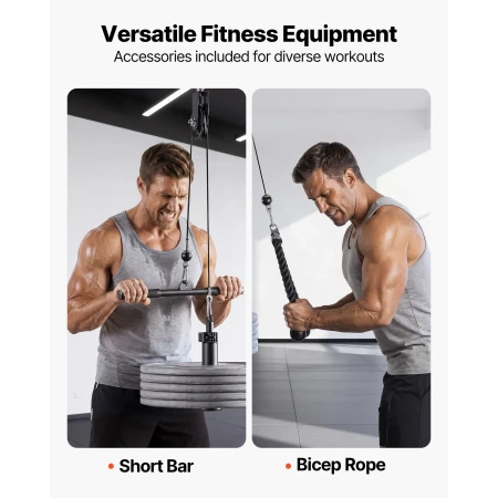 Pulley System, 1 PC LAT and Lift Pulley System, Gym Rack Pulleys Attachment with two Steel Cables, Short Bar, Dual Grip Handles,