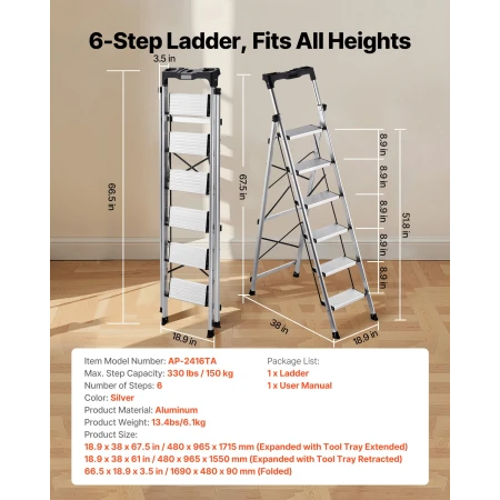 6 Step Ladder, Folding Step Stool with Wide Anti-Slip Pedal and