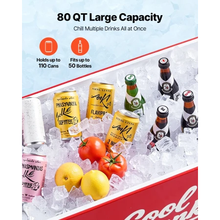 75.71 L Rolling Ice Chest, Holds up to 50 Bottles / 110 Cans, Portable Patio Party Bar Drink Cooler Cart with 4 Swivel Casters (