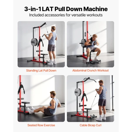 LAT Pull Down Machine, 3-in-1 Row Cable Machine, Cable Machines Home Gym with 3-Level Adjustable Seat, 4-Level Adjustable Foam R