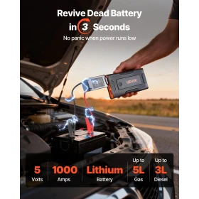 Jump Starter, 1000A Peak, Car Jumper Starter Battery Pack, 12V Portable Lithium Battery Booster, Jump Box Power Bank with 3 Mode